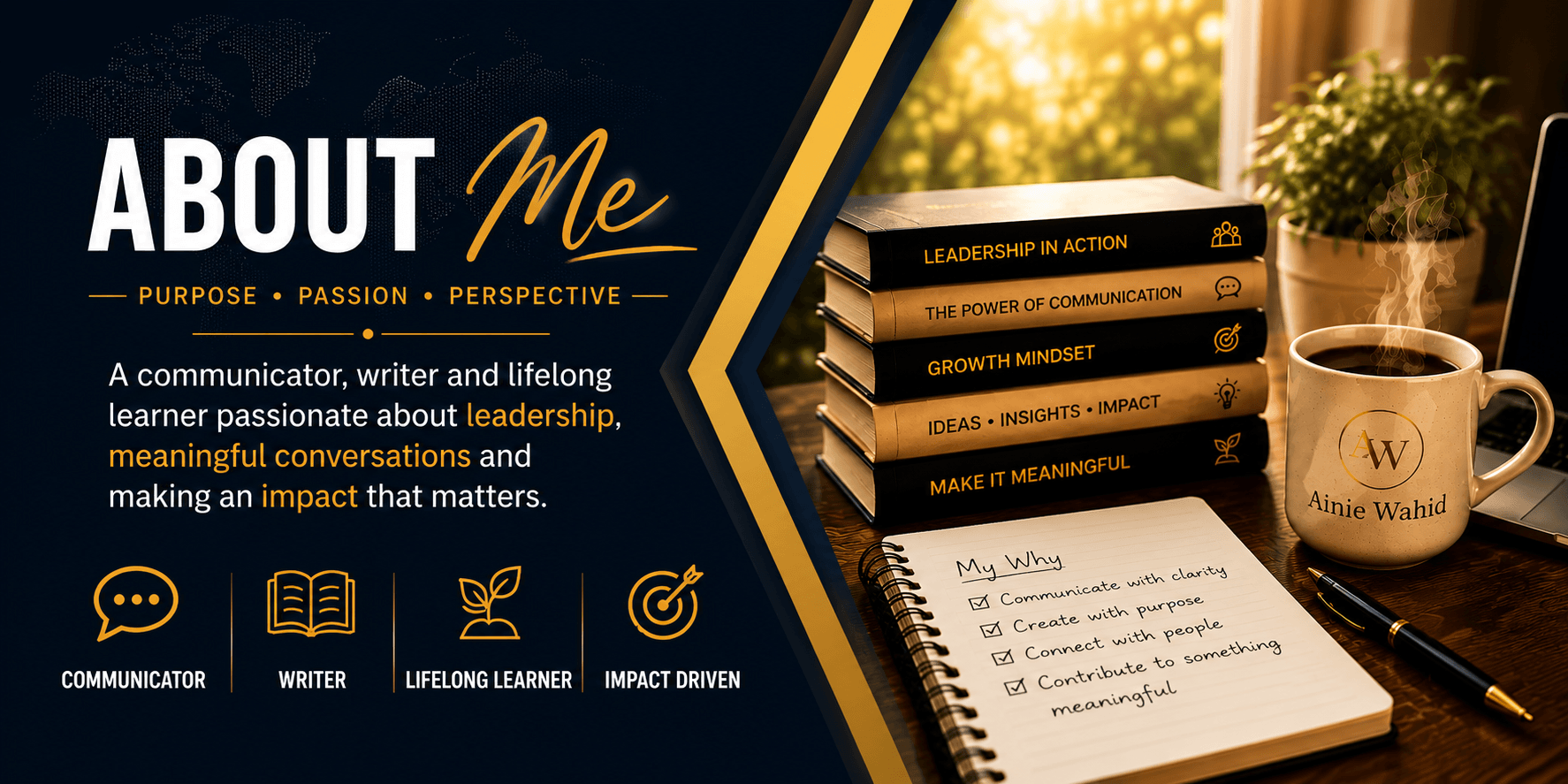 About Me banner featuring purpose, passion and perspective, with themes of communication, writing, lifelong learning and meaningful impact.