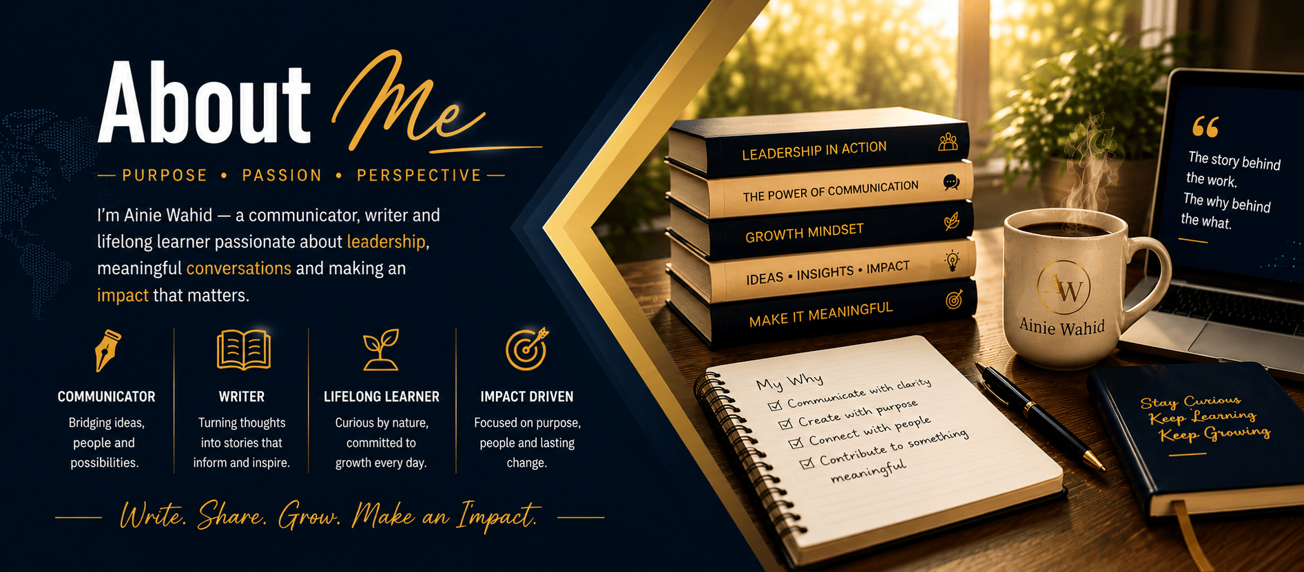 About Me banner for Ainie Wahid featuring communication, writing, lifelong learning and purpose-driven impact in a warm professional workspace.