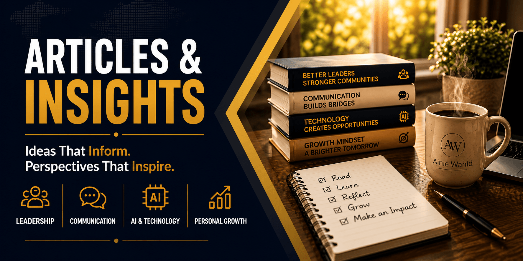 Articles and Insights mobile banner featuring leadership, communication, AI and technology, and personal growth.