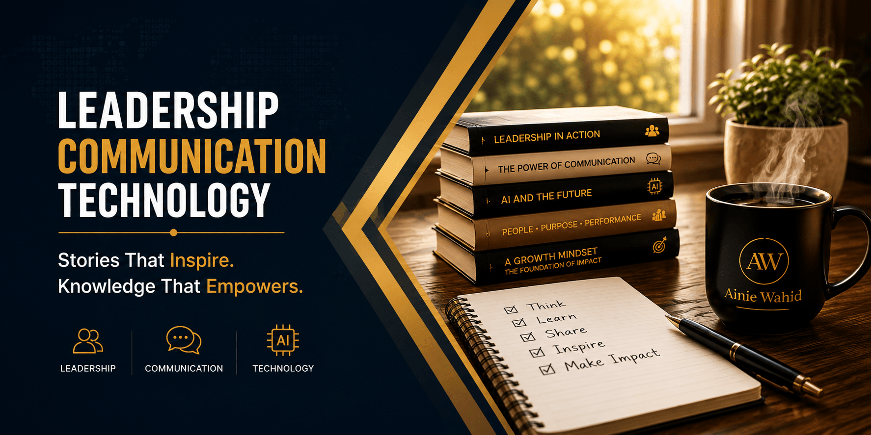 Home banner featuring leadership, communication and technology with books, a steaming coffee mug and a notebook focused on learning and impact.