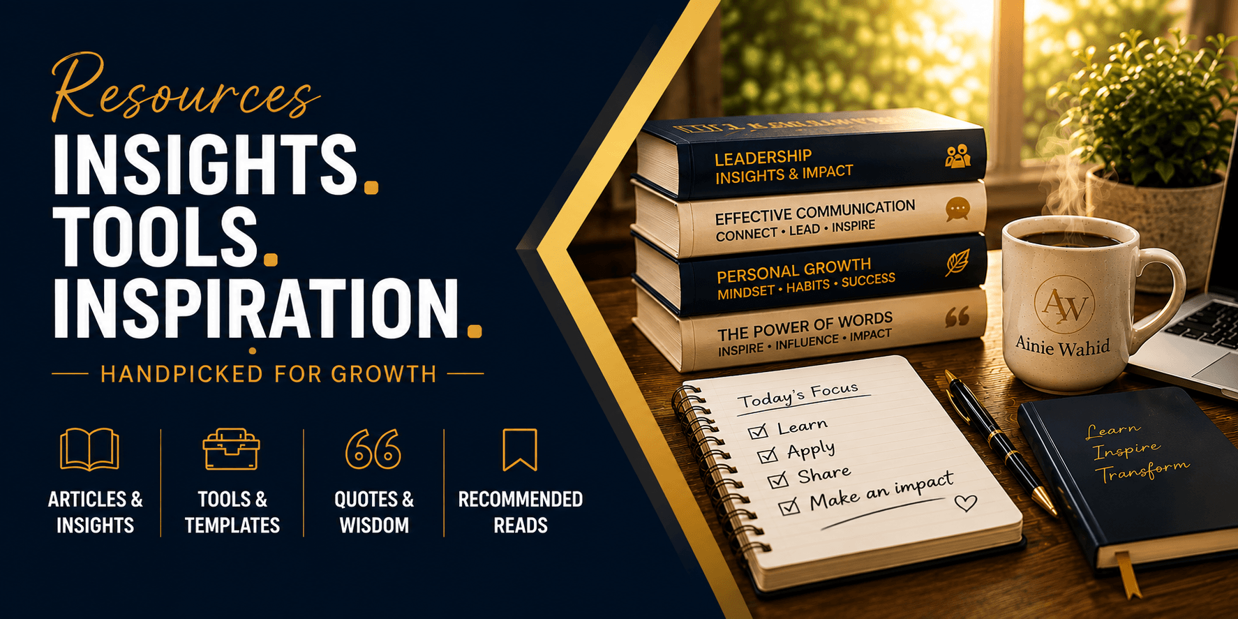 Resources mobile banner featuring insights, tools, inspiration, articles, templates, quotes and recommended reads for learning and growth.
