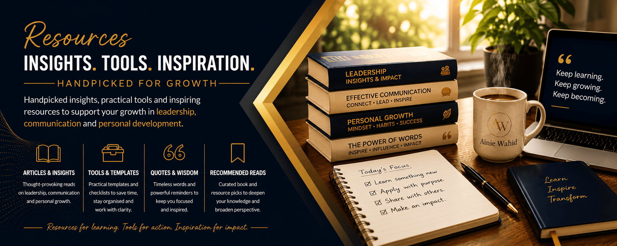 Resources banner featuring insights, practical tools, recommended reads and inspiration for leadership, communication and personal growth.