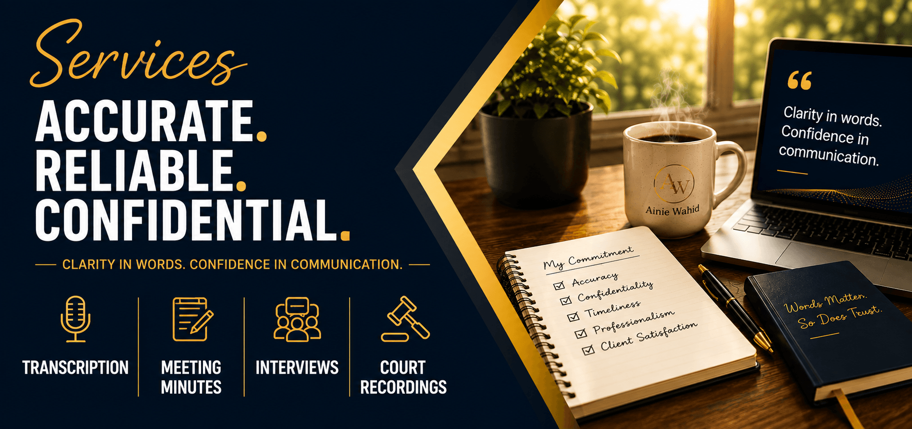 Services mobile banner featuring professional transcription, meeting minutes, interview transcription and court recording services.