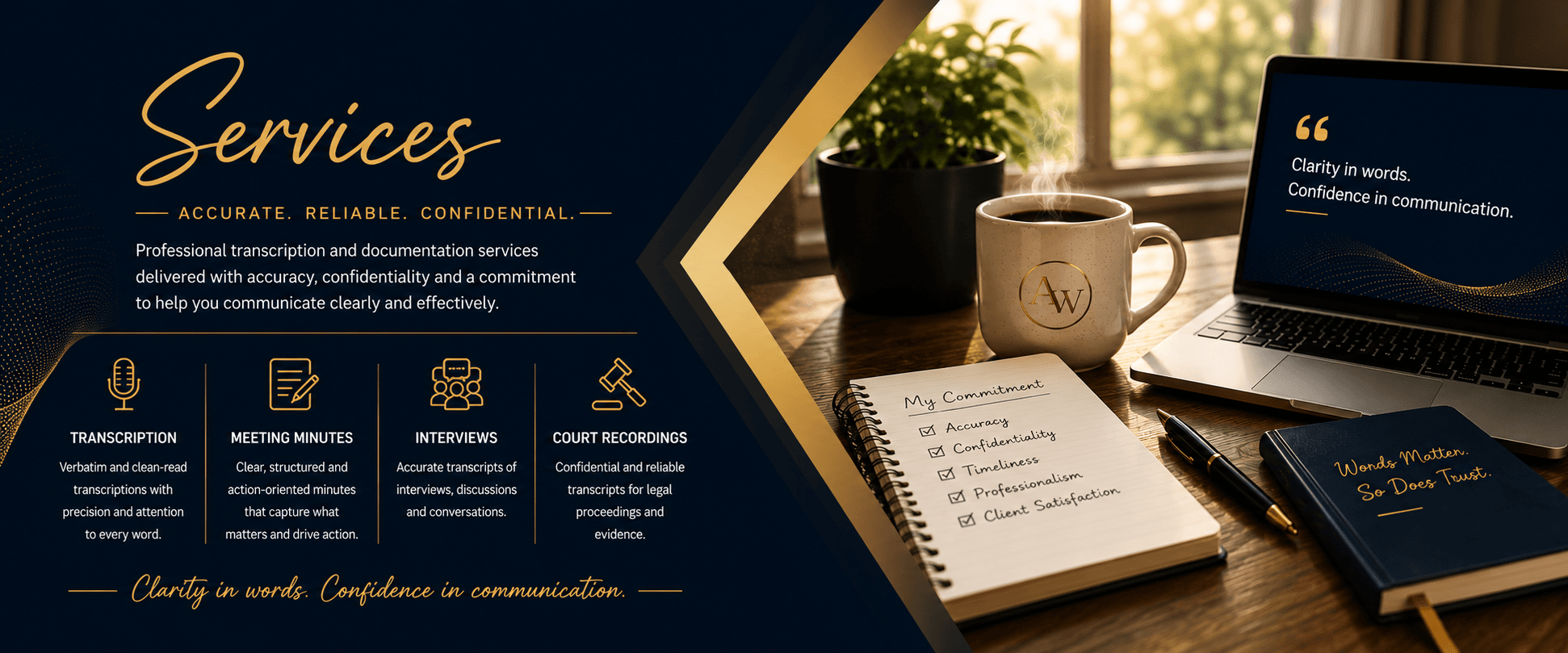 Professional transcription and documentation services banner featuring transcription, meeting minutes, interviews and court recordings.