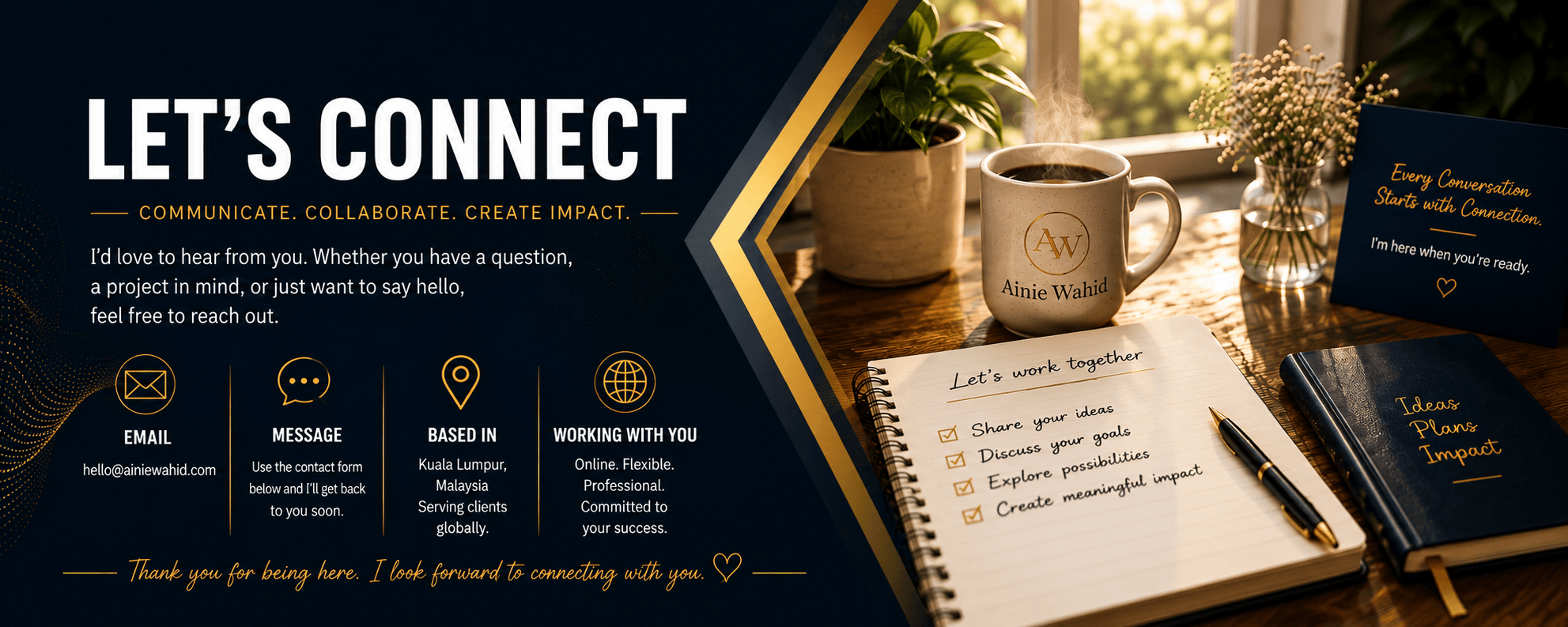 Let’s Connect banner featuring contact options for enquiries, messages and professional collaboration with Ainie Wahid.